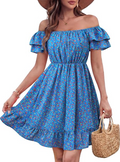 Womens Off The Shoulder Floral Short Dress Casual Summer Flowy Boho Dresses for Beach Vacation
