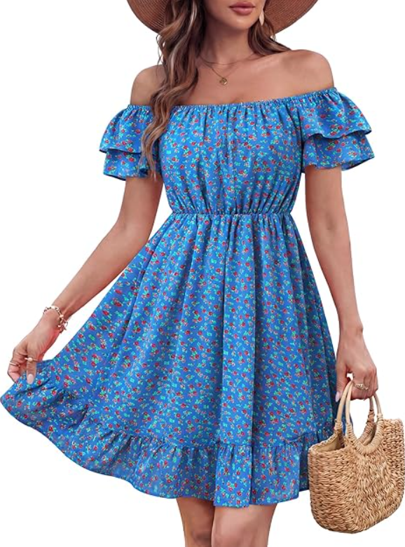 Womens Off The Shoulder Floral Short Dress Casual Summer Flowy Boho Dresses for Beach Vacation
